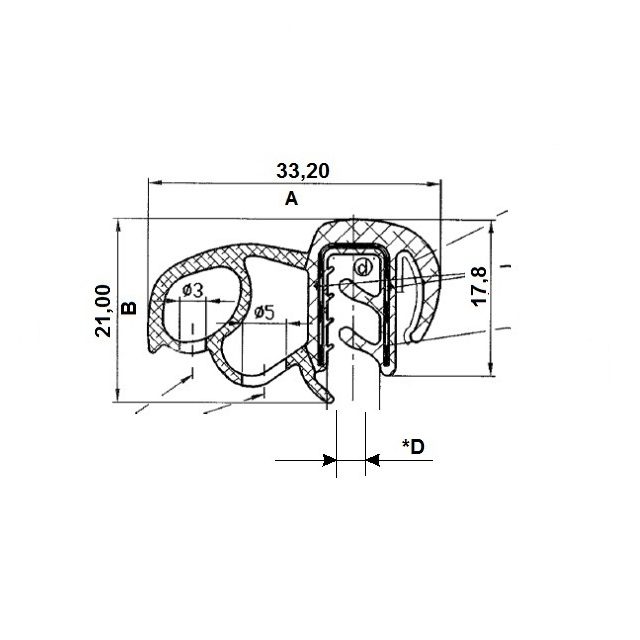Gumový profil EPDM U38.6410 - 33 x 21 x 18 mm (plech 4-6mm)