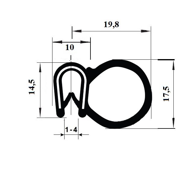 Gumový profil EPDM A1 100 - 19.8 x 14.5 x 10 mm (plech 1-4mm)