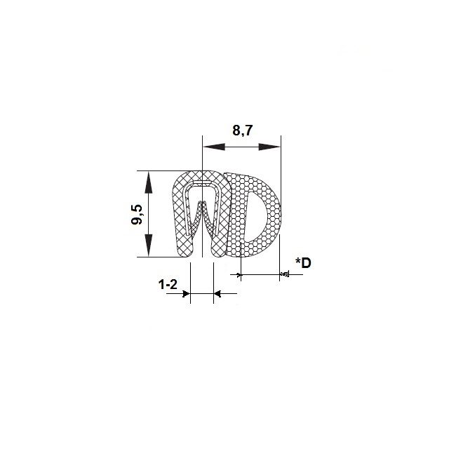 Gumový profil EPDM A1 101 - 12 x 9.5 x 8.7 mm (plech 1-2mm)
