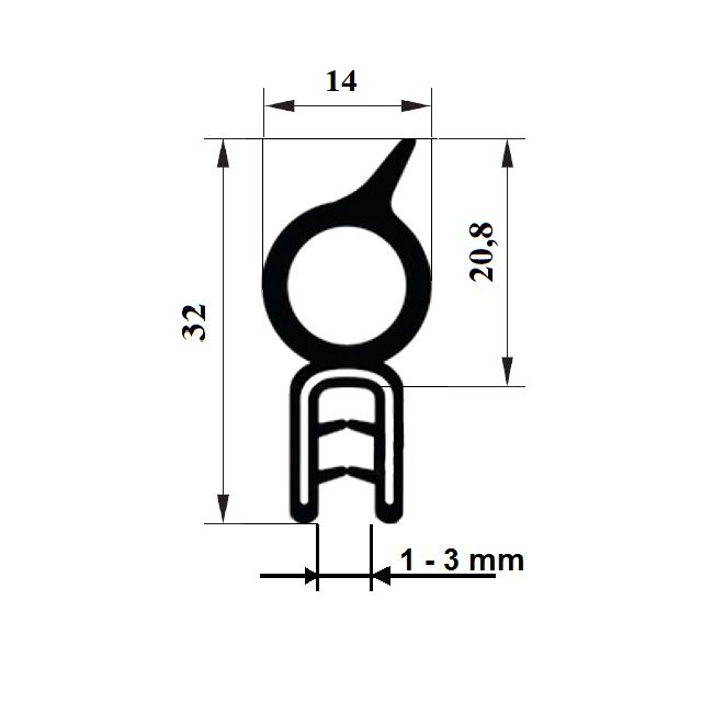 Gumový profil EPDM GA3321 - 14 x 32 x 20.8 mm (plech 1-3mm)