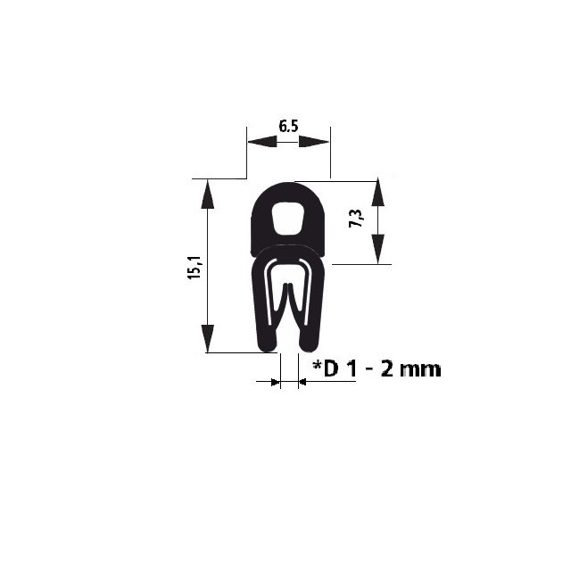 Gumový profil EPDM A1 107 - 6.5 x 7.3 x 15.1 mm (plech 1-2mm)