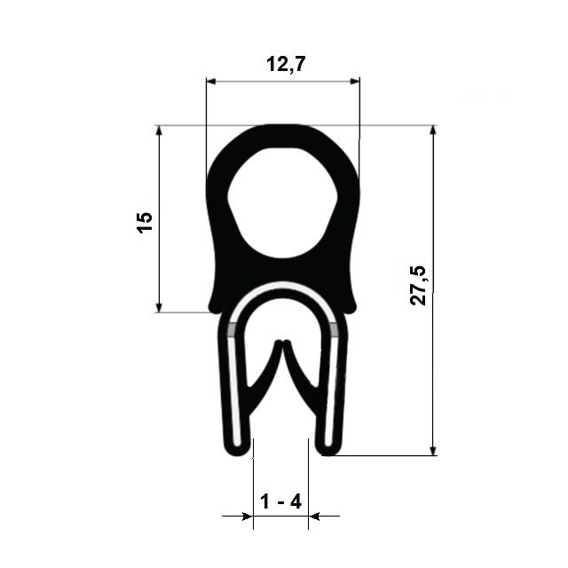 Gumový profil EPDM A1 117 - 12.7 x 15 x 27.5 mm (plech 1-4mm)
