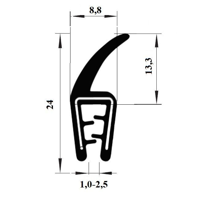 Gumový profil EPDM A1 501 - 8.8 x 24 x 13.3 mm (plech 1-2.5mm)