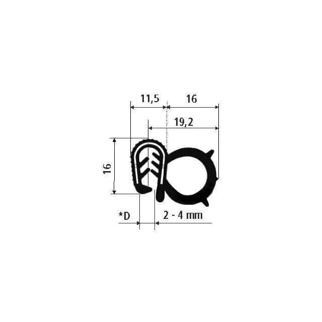 Gumový profil EPDM GA2540 - 27. x 16 x 11.5 mm (plech 2-4mm)