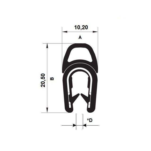 Gumový profil EPDM 19.0374 - 10.2 x 20.5 mm (plech 1-4mm)